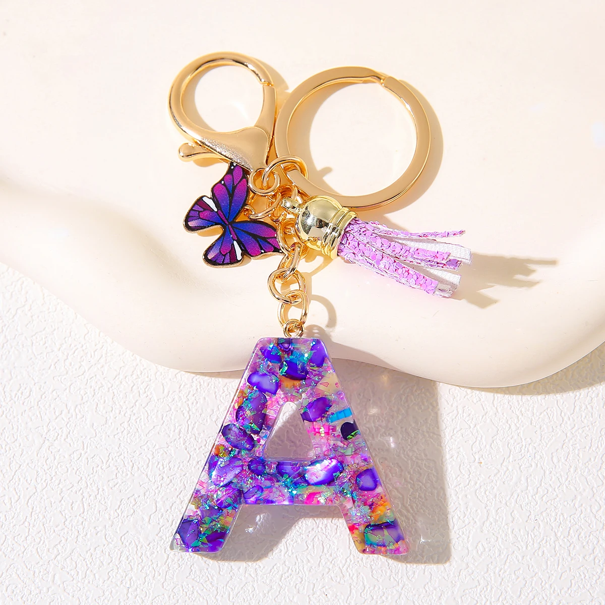 Alphabet Initial Keychain With Purple Charm And Tassel Resin Letter Pendant Alloy Lobster Clasp Women's Backpack Accessory