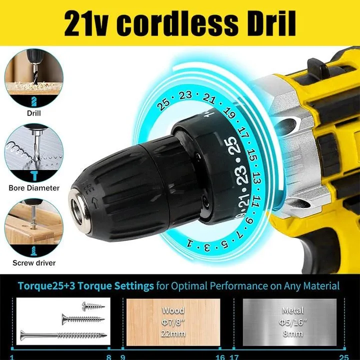 무선 드릴 |   24개 전동 드릴 세트 |   21V 전동 드릴 세트 (배터리 2개 및 충전기 포함) |   25+1 토크 설정, 1/2'' 키리스