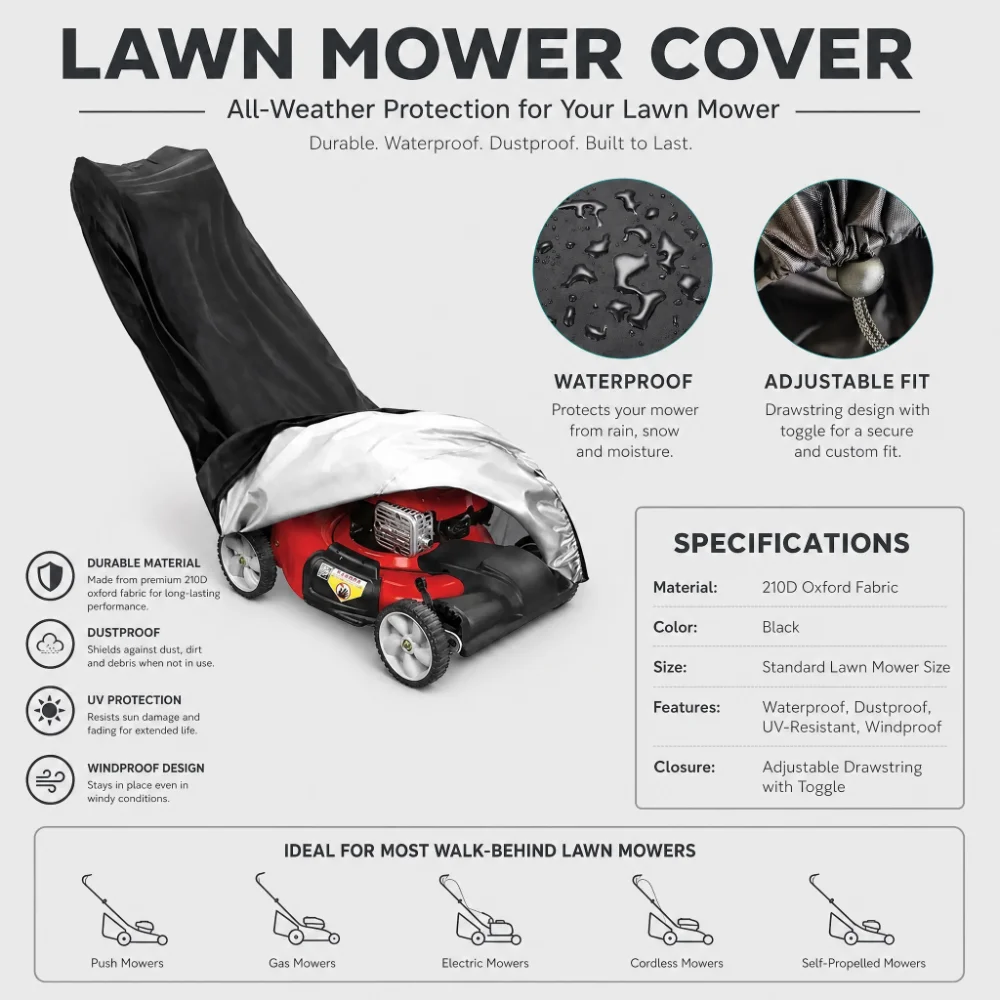 210D Outdoor Lawn Mower Cover Polyester Oxford Cloth Waterproof UV Protection Universal With Drawstring Black