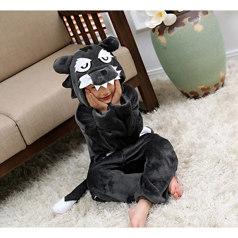 Dzieci Kigurumi zwierzęcy wilk Onesies przebranie na karnawał kombinezon chłopcy dziewczęta piżamy zimowa bielizna nocna Halloween Romper Party Dress