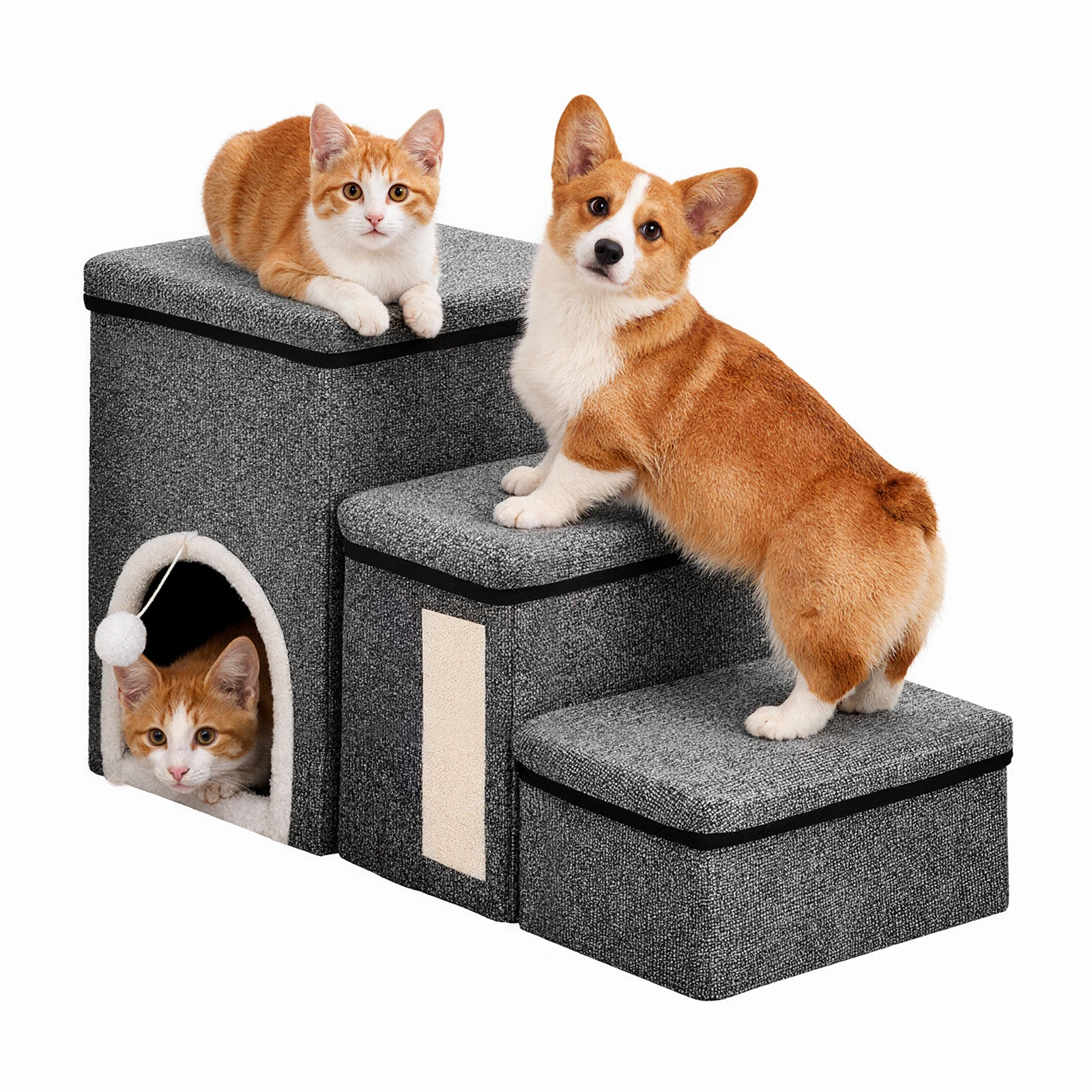Hundetreppe für Kleine Hunde Faltbare Haustiertreppe mit Aufbewahrungsbox und Katzenkratzbrett Verstellbare Hundestufen für Welpen und Katzen
