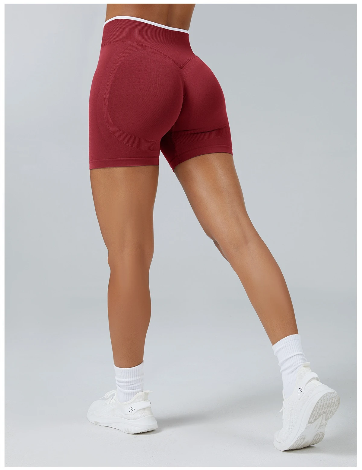 Nahtlose weiße Yogashorts mit Farbblock-Design für Damen, hohe Taille, Po-Lifting-Effekt, Workout-Gym-Shorts, Laufshorts, Leggings zum Einzeltragen – Detail 5