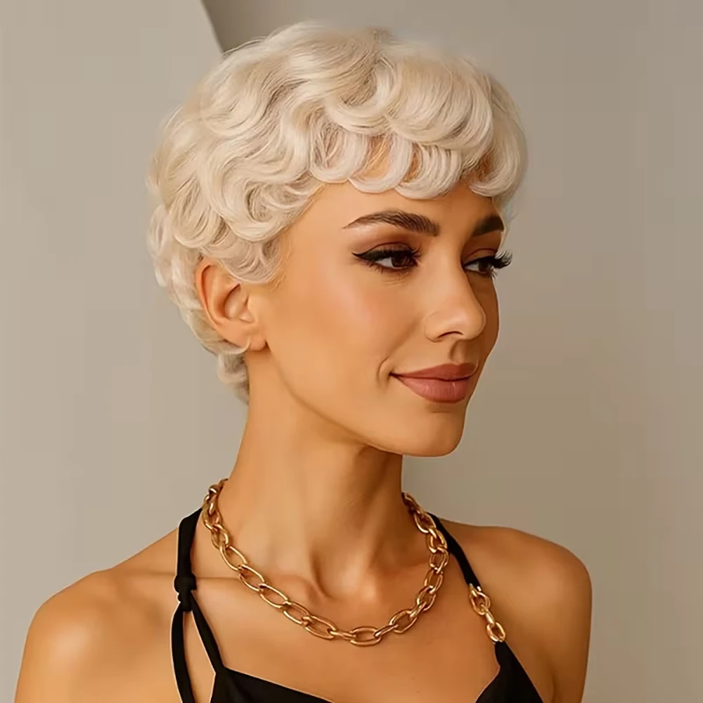 Loira pixie corte peruca curto ovo encaracolado perucas 100% perucas de cabelo humano com franja pré arrancada para mulheres cabelo bazilian máquina feita boné