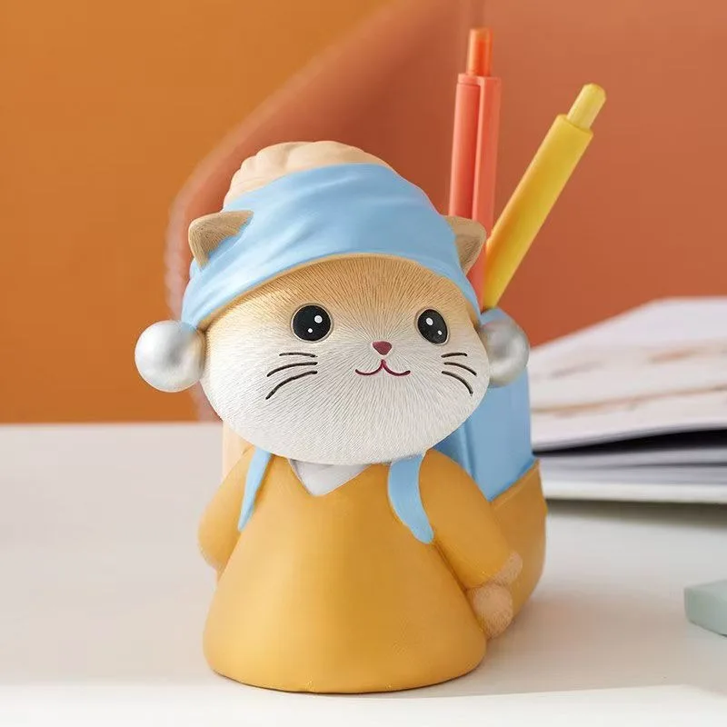 Grace Cat Pen Holder Ceramic Kitten Mobile Phone Holder Pearl Ear Cat Desk Organizer Office Desktop Ornamen Desk Accessories
