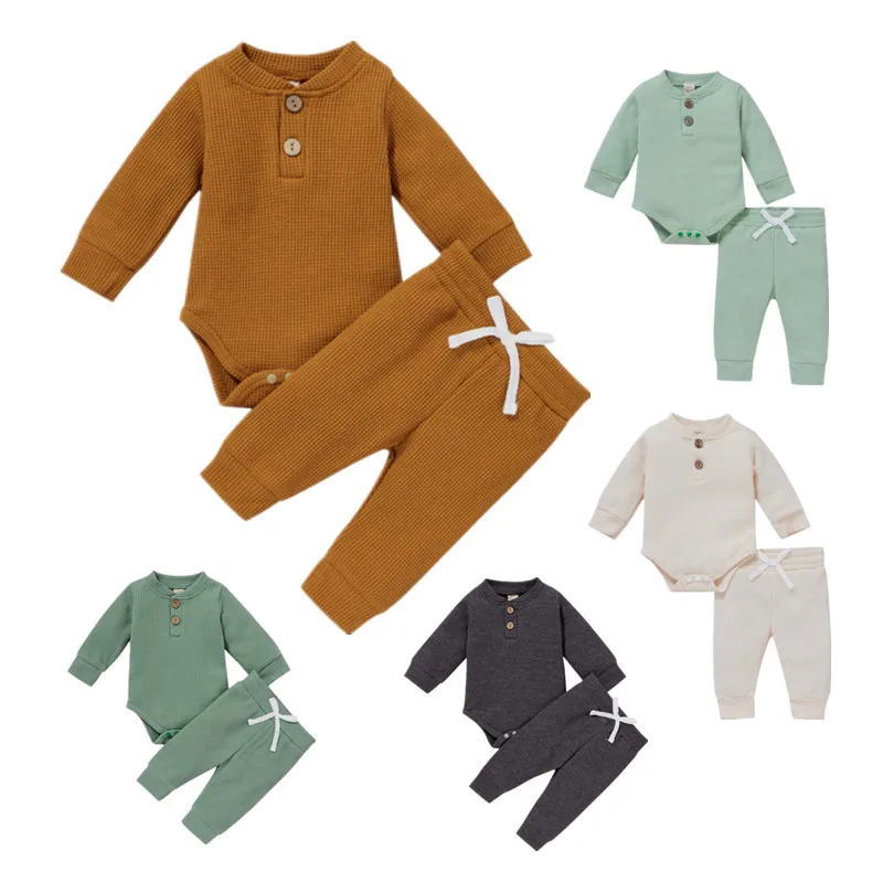 Newborn Baby Boy Pant Sets Autumn Clothes Solid Color Henley Neck Long Sleeve Bodysuit and Pants Baby Items Clothing for Infant