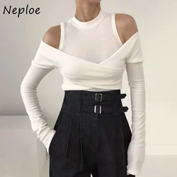 Neploe Temperament Crewneck Shirts Women Sexy Cross Off-shoulder Spliced Design Slim Tees Female Long Sleeve Bottoming T-shirt