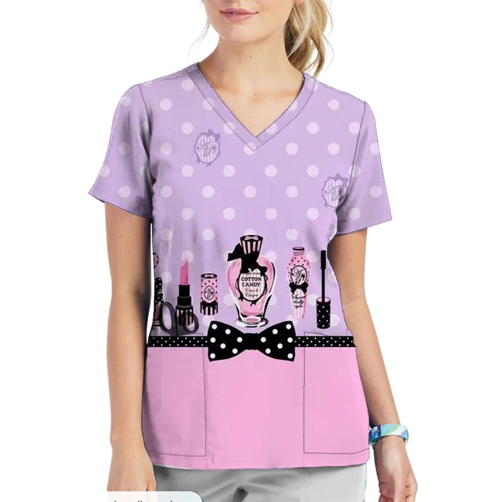 เครื่องแบบทำงานสำหรับผู้หญิงชุดยูนิฟอร์มทางการแพทย์เสื้อคอวีแขนสั้น cetakan Kuku ลายการ์ตูนเสื้อผู้หญิงชุดพยาบาลใส่ทำงาน