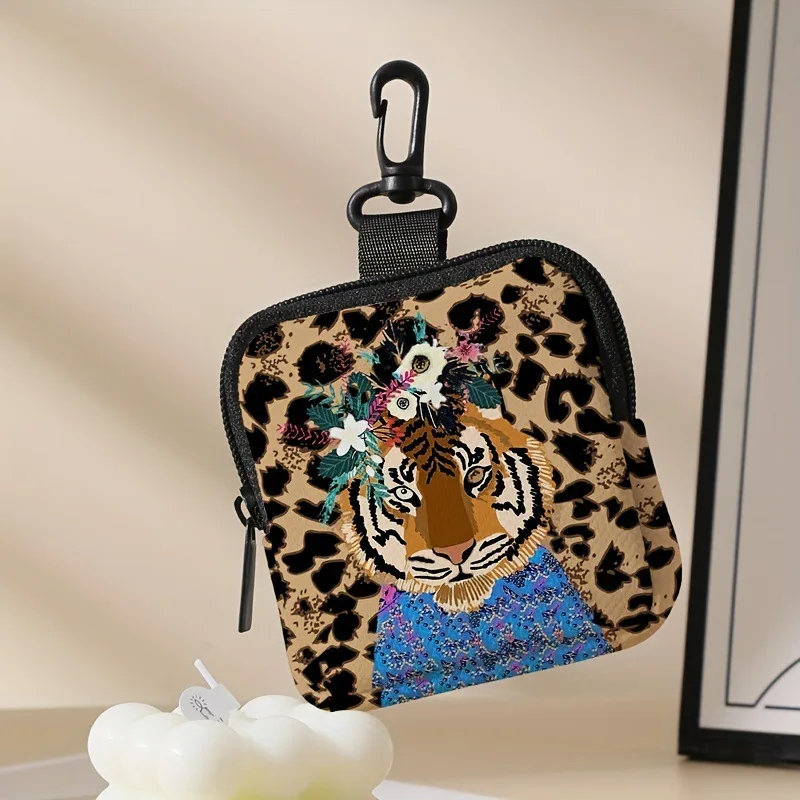 Tiger print coin purse faux leather waterproof color print flower zipper square multifunctional earphone storage bag