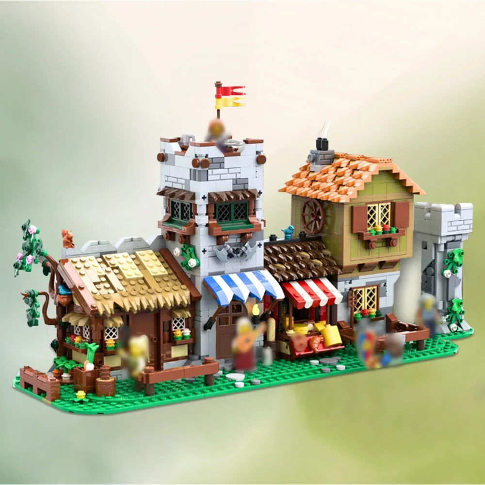 MOC-187250 ciudad Medieval, modelo de bloques de construcción cuadrados, ciudad Medieval, arquitectura Modular cuadrada, ladrillos, juguetes de montaje, regalos para niños