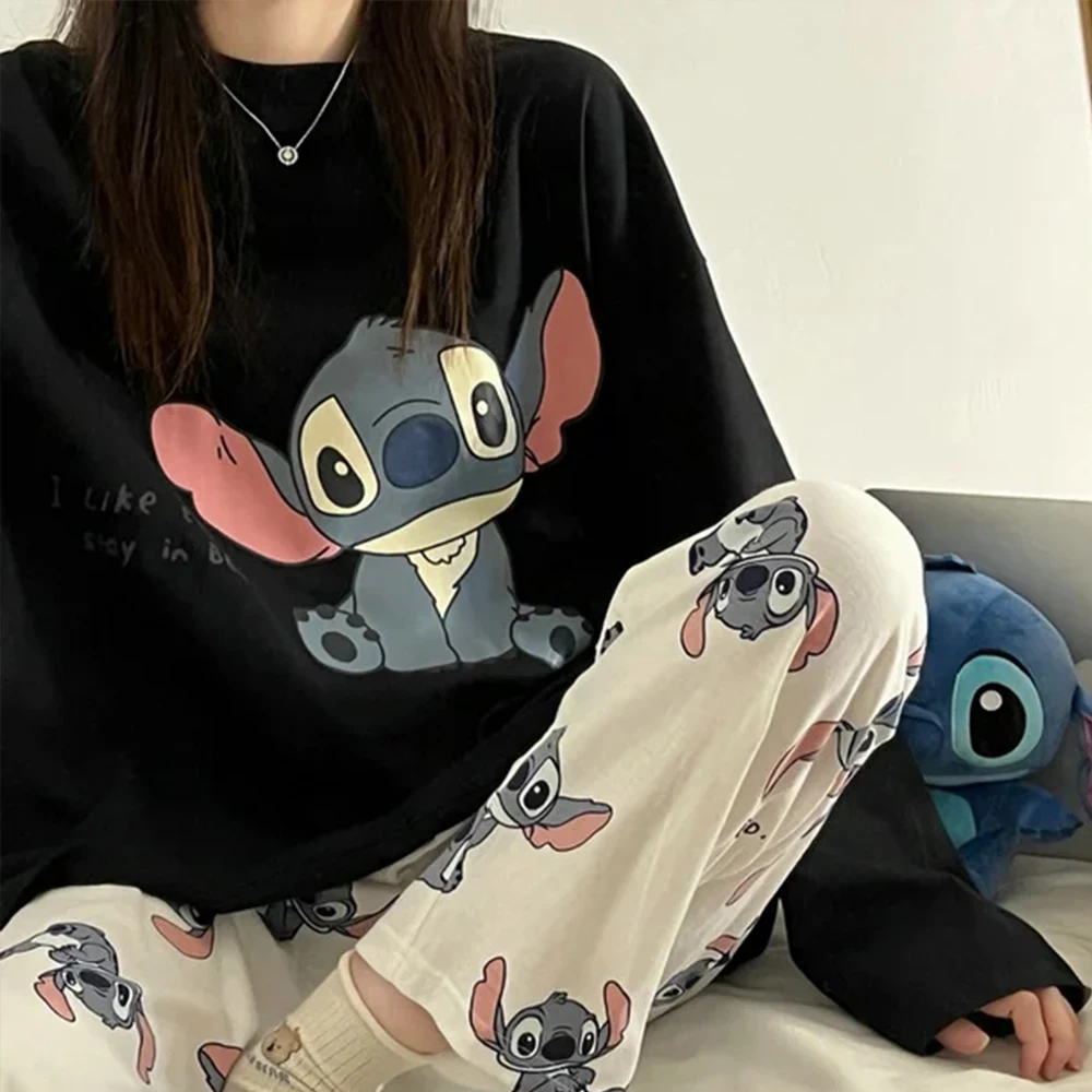 

Женские пижамы Disney Stitch, 2 шт., осенние новые брюки из чистого хлопка с длинными рукавами, шелковые пижамы, студенческая повседневная одежда, одежда для дома