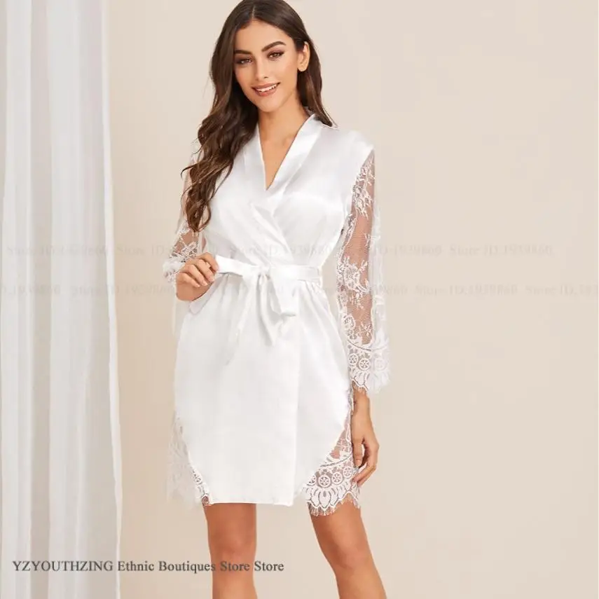 Sexy renda manga noiva dama de honra casamento robe quimono roupão vestido primavera verão feminino sleepwear camisola solta homewear