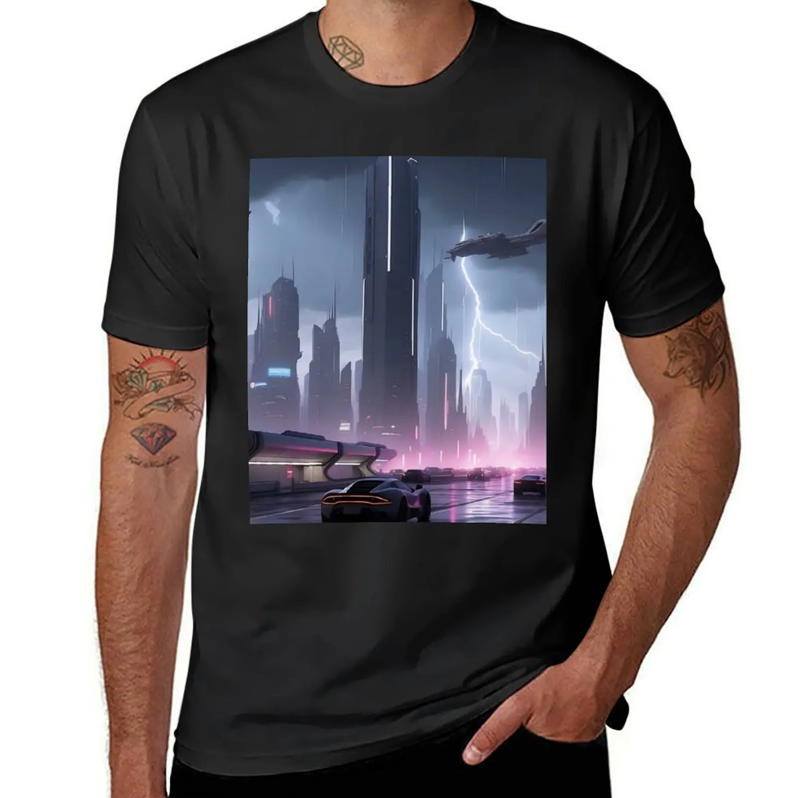 Futuristic cityscape, rain, flying ships, neon lights T-Shirt sublime summer top shirts graphic tees mens cotton t shirts