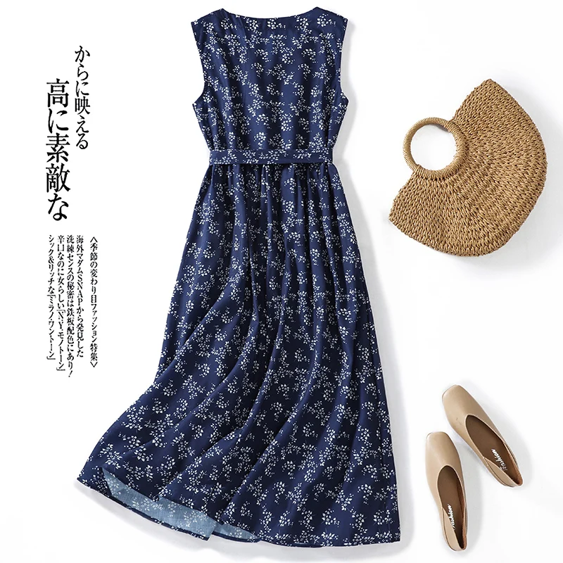 Blue Floral Cotton Summer Dr Women's plus Size Svel Thin Long Dr V-ne Loose Waist A-line Skirt Commute Sle