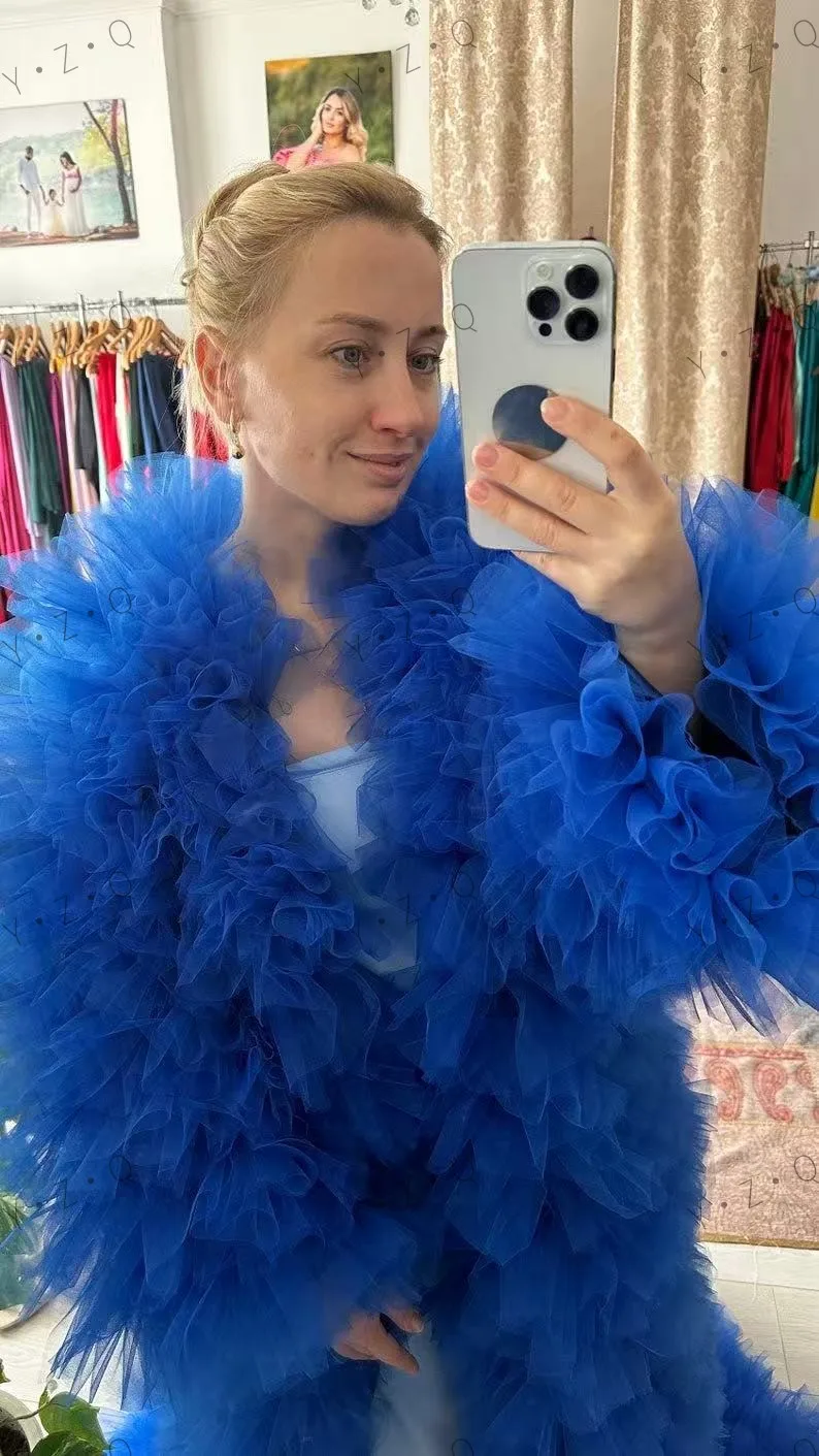 Fofo babados em camadas tule casaco feminino roupa frente aberta longo robe azul real tule longo jaqueta feminina mangas completas maxi vestido