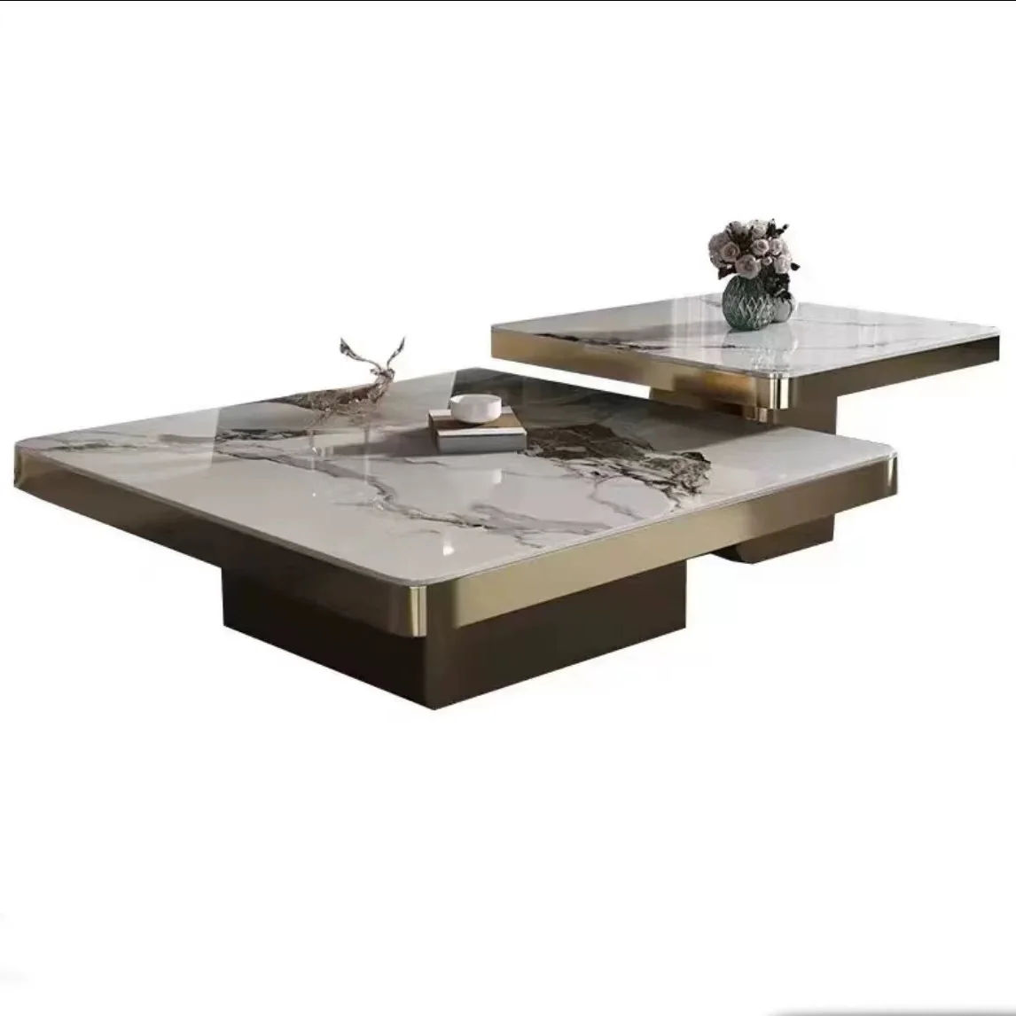 

xc-Modern Living Room Metal Frame Slate Top Coffee Table Hotel Villa Luxury Square Golden Coffee Table Set Furniture*