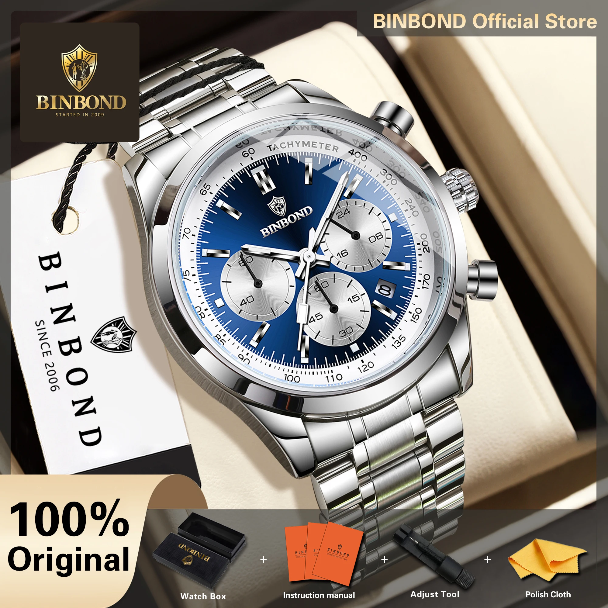 BINBOND Quartz Watches For Men Luxury Chronograph Luminous Waterproof Men's Watch Stainless Steel Relojes De Hombre Lujos +Box