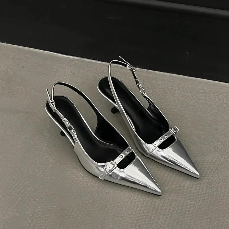 Silver high-end Baotou sandals for women's 2024 new summer pointed temperament socialite high heels