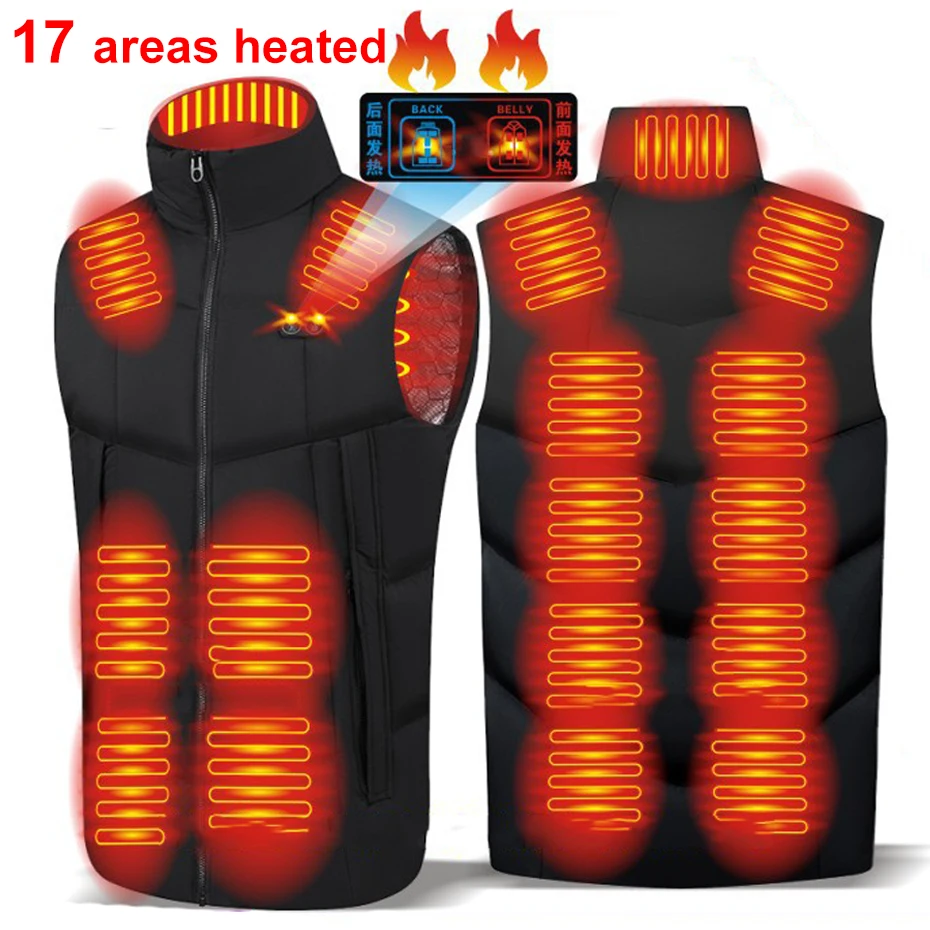 USB Heating Vest Jacket Men Winter Warm Vests Infrared 17 Areas Heated Sleeveless Jacket Electric Heated Vest Male