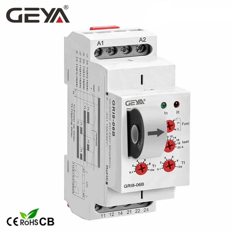 GEYA GRI8-06 DC Current Sensor Relay 18mm width 2CO 8A AC/DC Current Testing Relay 24V-240V Wide Range