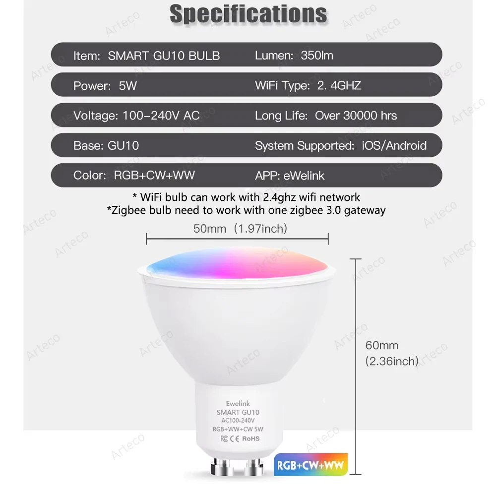 Ewelink GU10 Zigbee LED Bulbs WiFi Smart LED Lamp RGB CW WW Ewelink App Control Led Light Bulb Works With Alexa Google Yandex