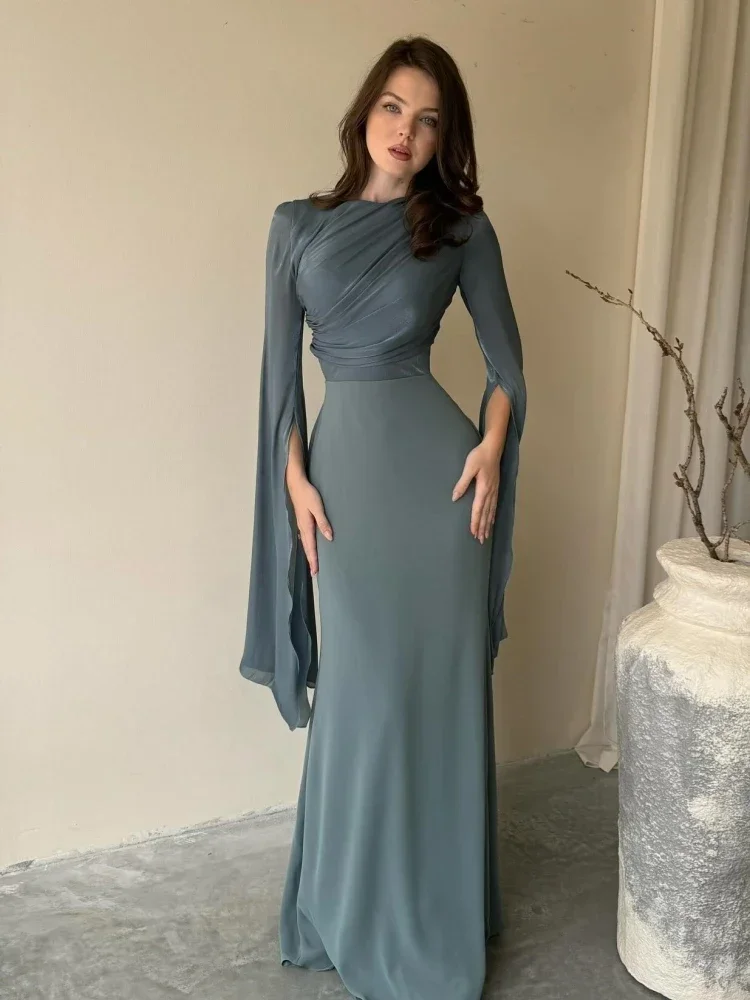 

JOJO Sexy O Neck Batwing Sleeve Lace-up Slim Fit Long Dress Women Flare Long Sleeve Folds Maxi Elegant Evening Party Gowns