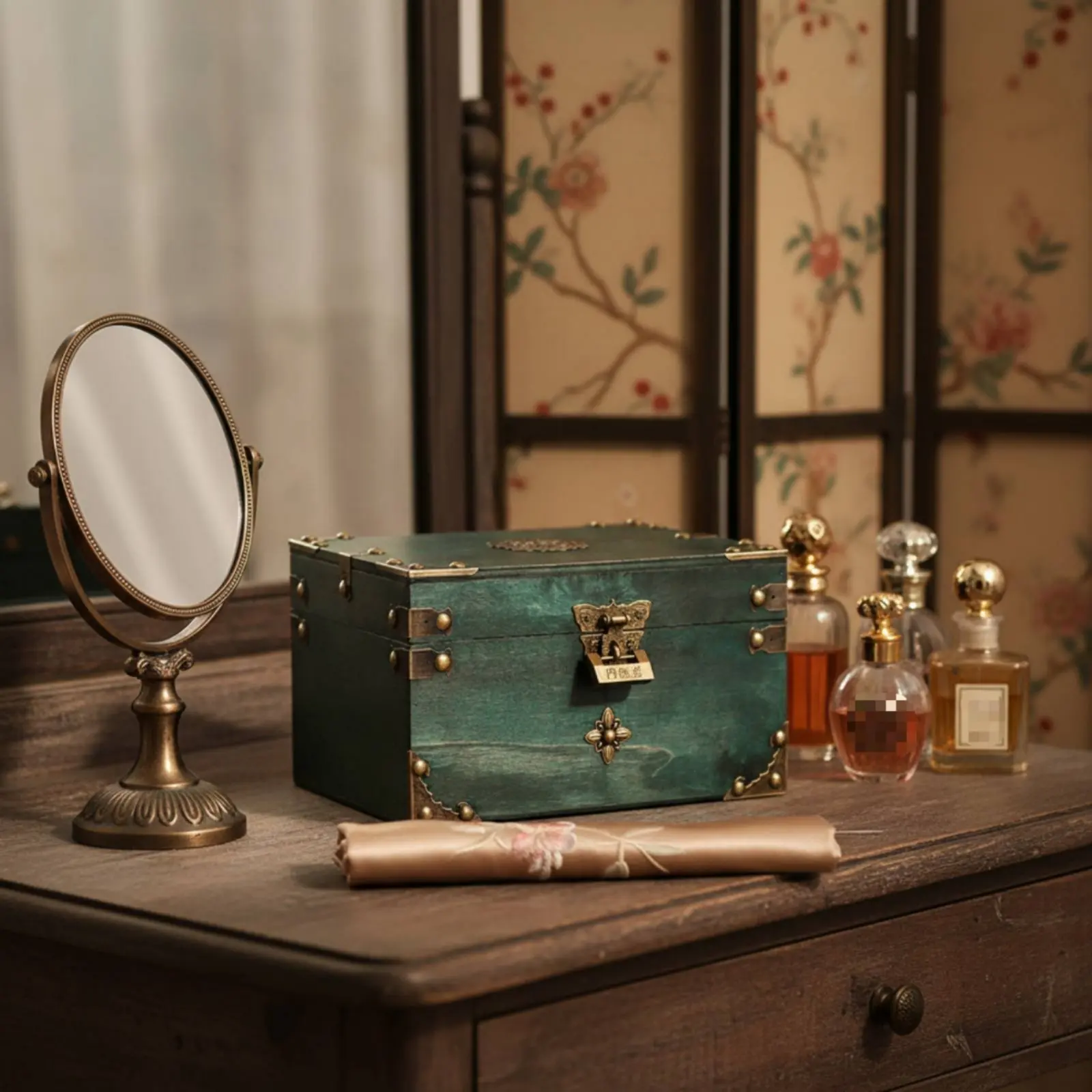 Wooden Jewelry Box Lockable Design Chinese Design Keepsake Box Antique Design Treasure Chest Multifunctional for Home Decor view 4