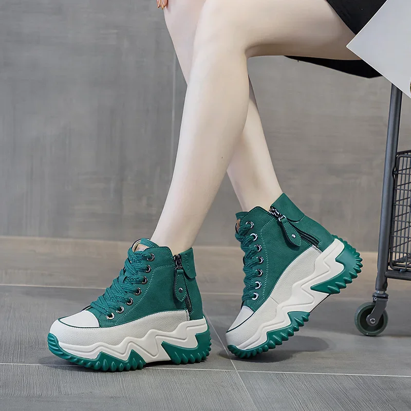 Buty damskie damskie buty sportowe 8CM wzrost skórzany białe buty jesienna platforma casualowe buty sportowe damskie buty do biegania damskie buty