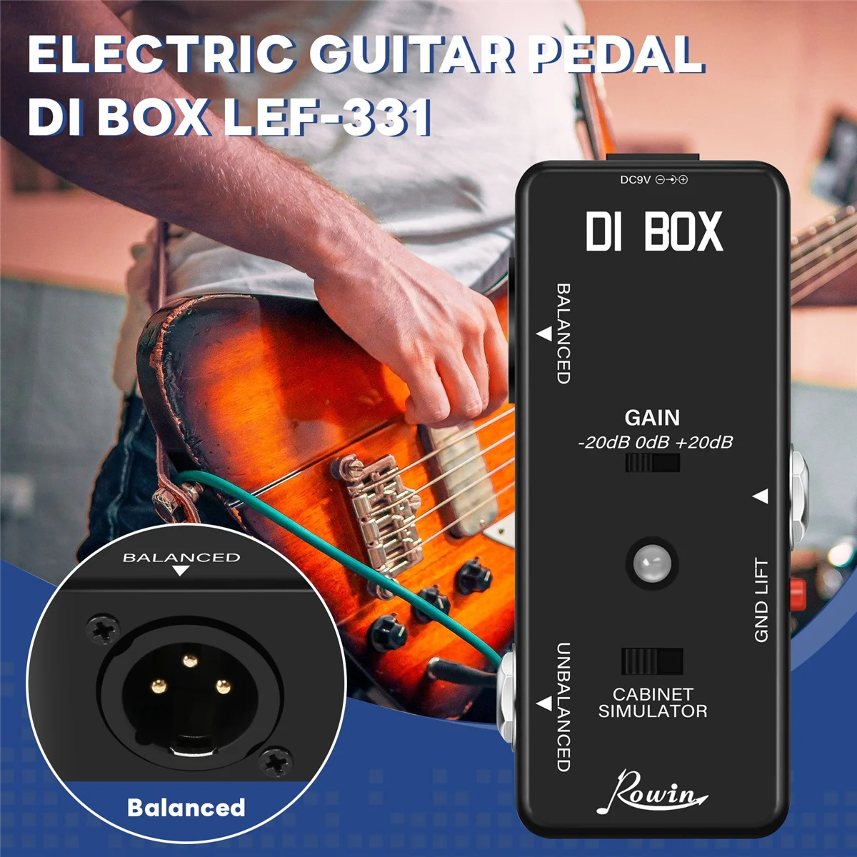 Rowin DI BOX LEF-331 Micro-DI z kablem Sim i wzmocnieniem Pedał efektów gitarowych True Bypass