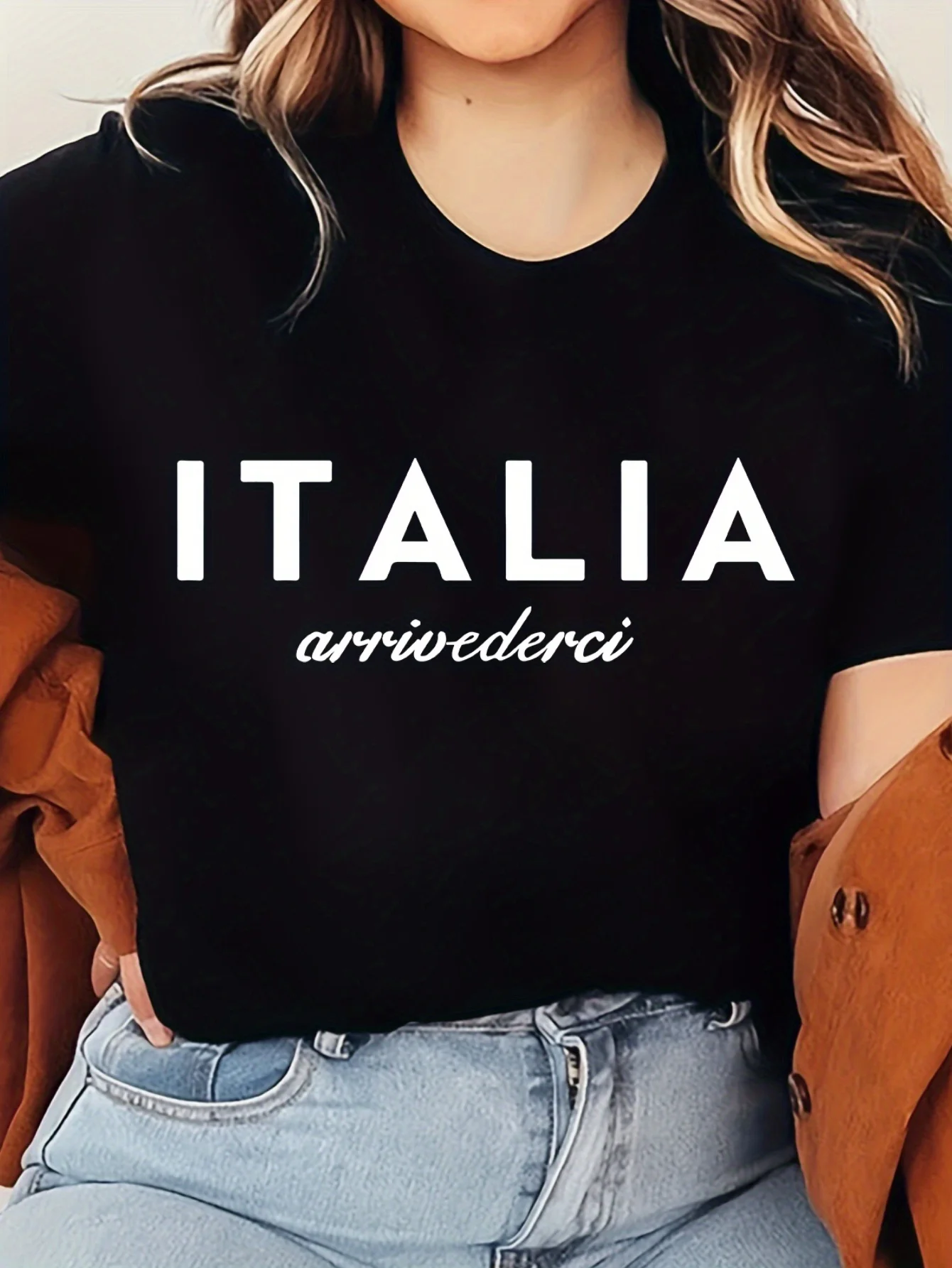 

ITALIA Print Crew Neck T-Shirt, Casual Short Sleeve Top For Spring & Summer, Women's Clothing t-shirts t-shirts