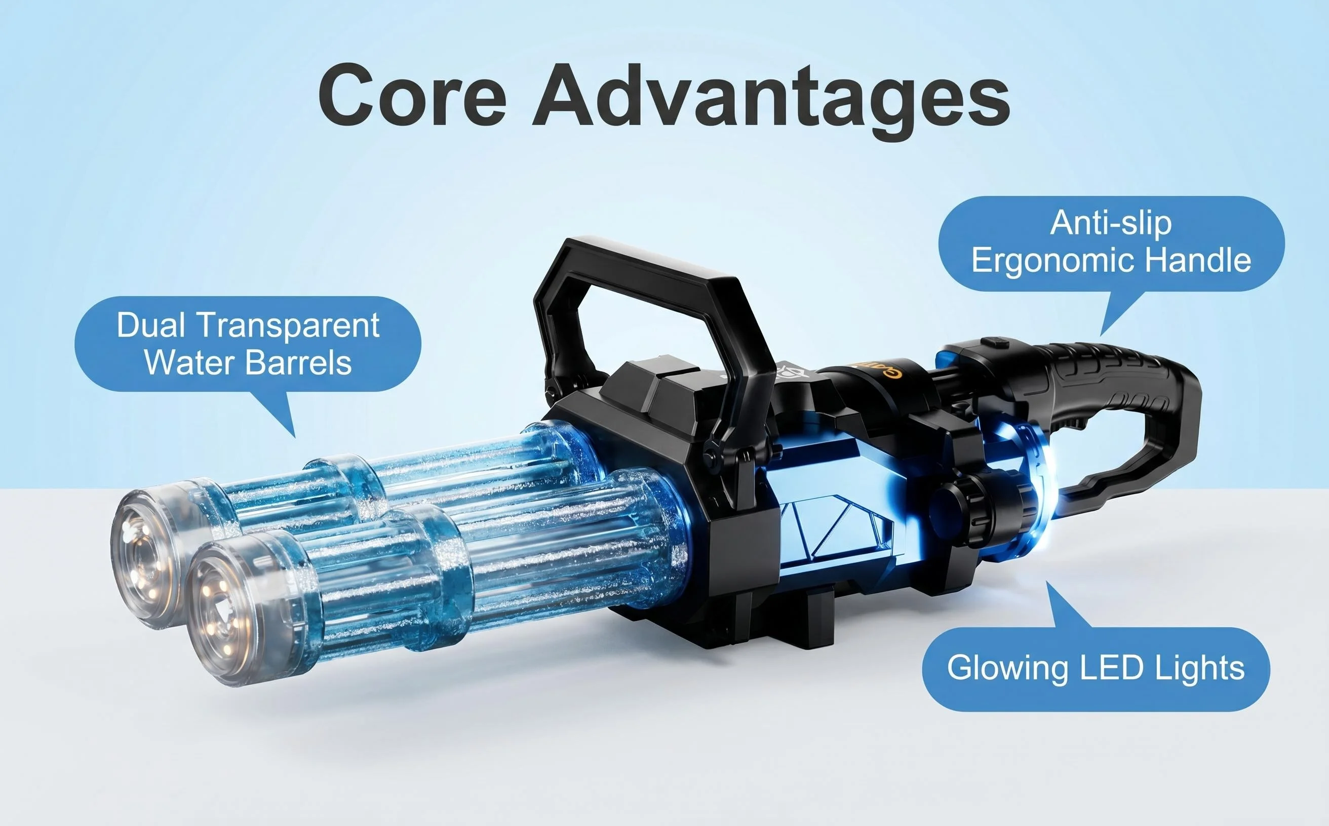 Electric Rotating Continuous Fire Gatling Water Cannon Toy Long Range High Capacity High Pressure Powerful Water Gun with Lights