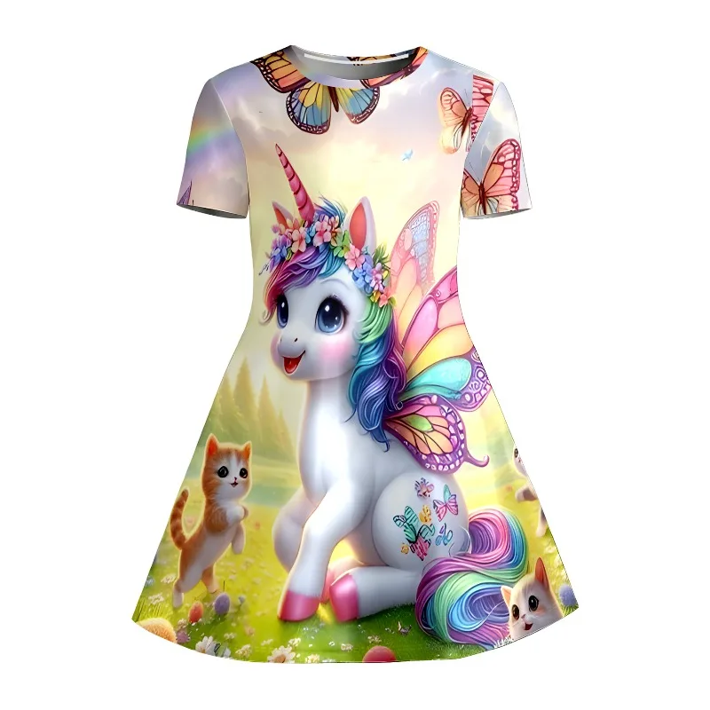 Mädchen-T-Shirt-Kleid mit Regenbogen-Einhorn- und Kätzchen-Print, Schmetterlingsgarten-Freizeitkleid für Kinder, geeignet für Geburtstagsgeschenke – Detail 5