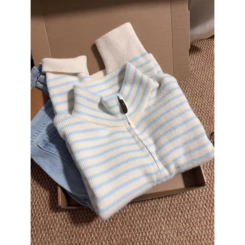 

YIBASHU Women Blue Striped Cardigan Sweater Outerwear Vintage 90s O-Neck Jumper Knit Long Sleeves Cashmere Sweater Winter Clothe