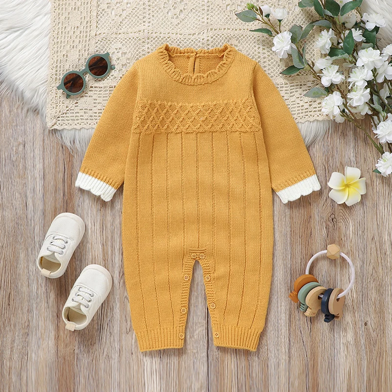 Infant Baby Boy Girl Romper Solid Yellow Round Neck Full Sleeve Newborn Playsuits Overalls Autumn Winter Children Casual Outfits