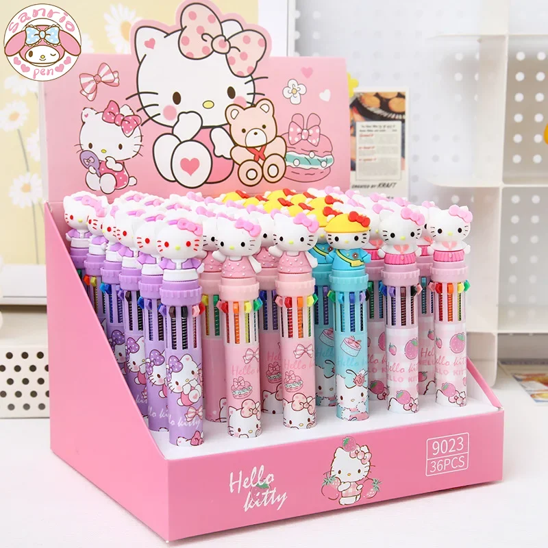 New Sanrio 18/36pcs Ballpoint Pen Hello Kitty 10-color Cartoon Press Writing Pen 0.7mm School Supplies Stationery Students Pens