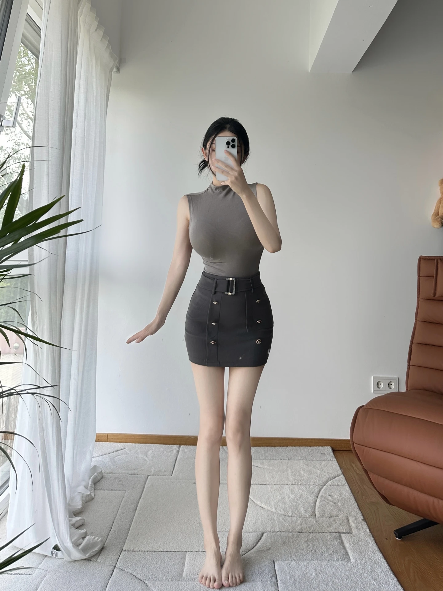 

Grey Versatile Belted Short Skirt Asymmetric Slimming Leg Lengthening High Waist Polyurethane Elastic Fiber Women's Skirt