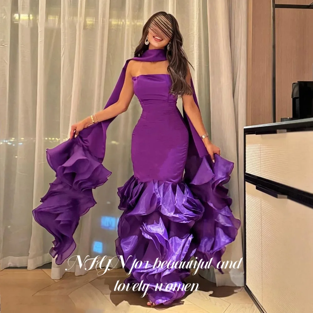 

NFYN Purple Elegant Formal Gown with Pleats Satin Prom Dress Sleeveless Tiered Mermaid Evening Dresses robe de bal Customized