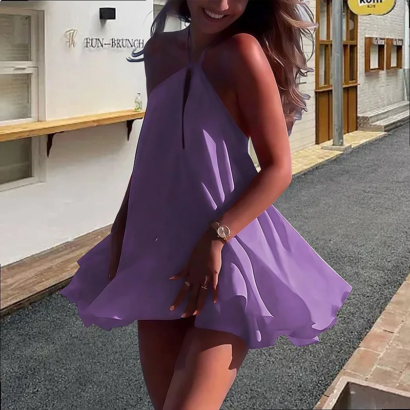 Deep V Backless Halter Dress Women Loose A-Line Cross Tie Dresses Summer