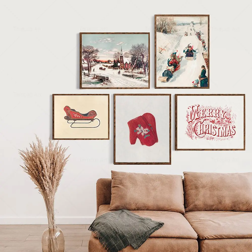 Vintage Merry Christmas Decor Tree Wall Art Canvas Painting Santa Claus Sledding Posters Prints Pictures Living Room Home Decor