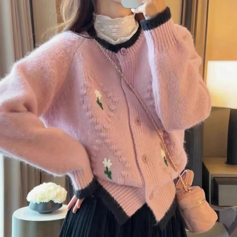 Abrini Buttons Up Knit Cardigan Embroidered Flower Sweet Sweater Coat Loose O-Neck Long Sleeve Warm Jacket Autumn Winter Sweater