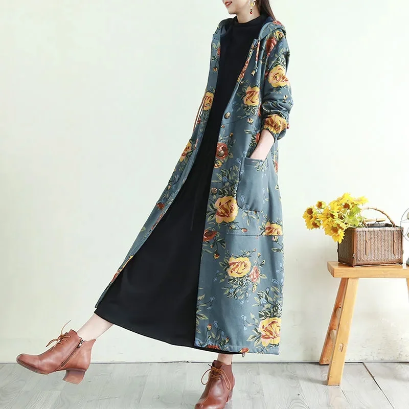 Retro Art Plush Women's Coat 2023 Autumn and Winter New Print Hooded Long Windbreaker female Wide Songsen Women Commuter Montage