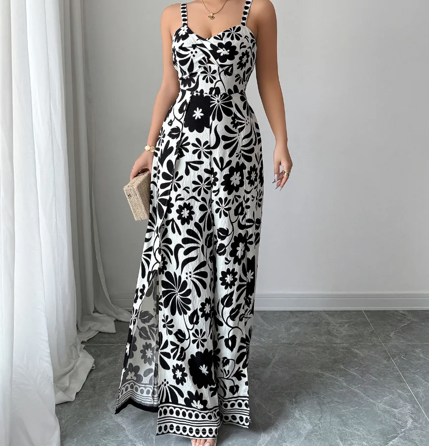Women's Printed Long Jumpsuit Female Daily Casual Clothing Beach Style Contrasting Female Fashion Elegant Wide Leg Jumpsuits