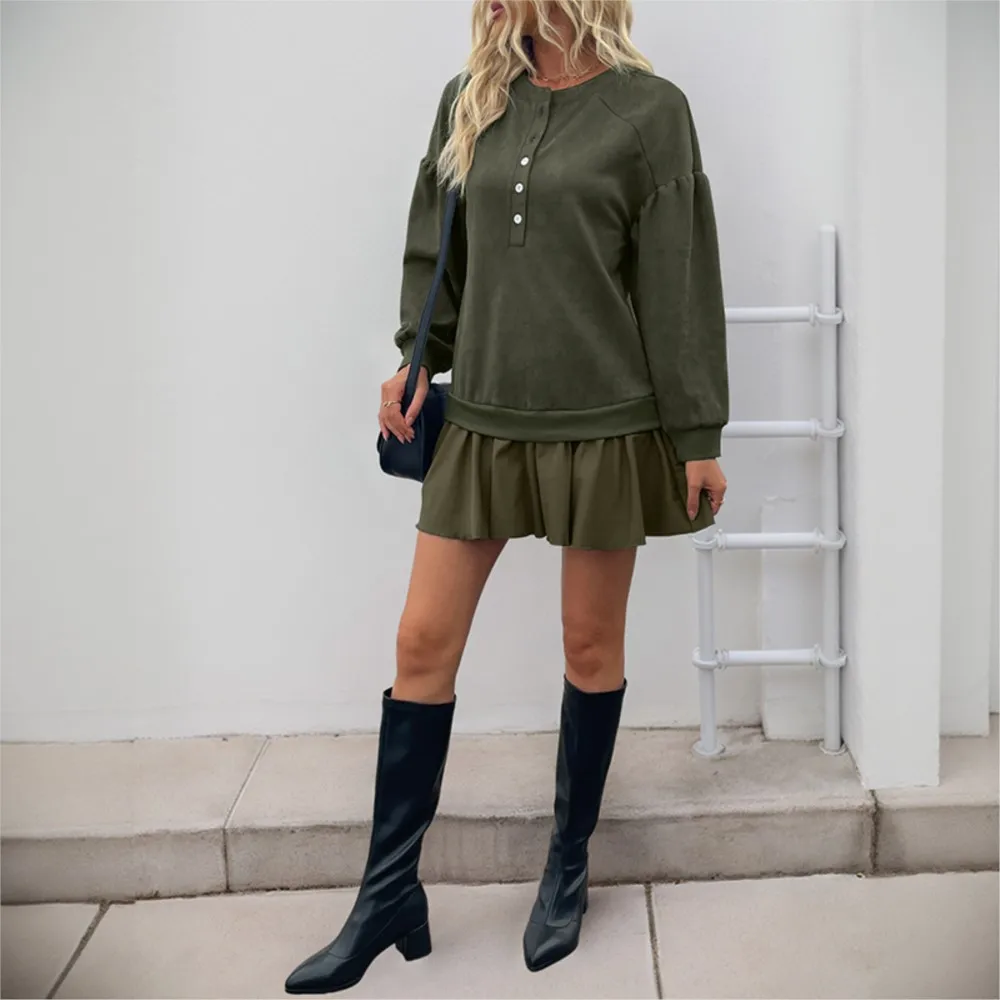 Robes 2025 femme décontracté rétro doux robes à manches longues couleur unie Patchwork sweat robe tempérament déplacements à la mode