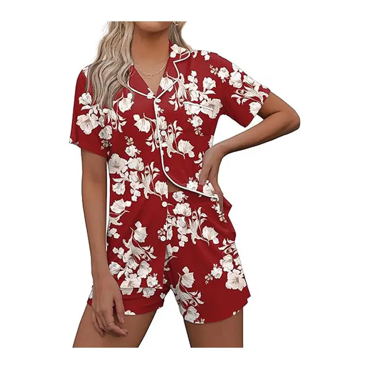 

Wholesale Custom Home Night Wear Luxury Print Organic Cotton Pajamas Short Sleeve Pajama Sets For Women