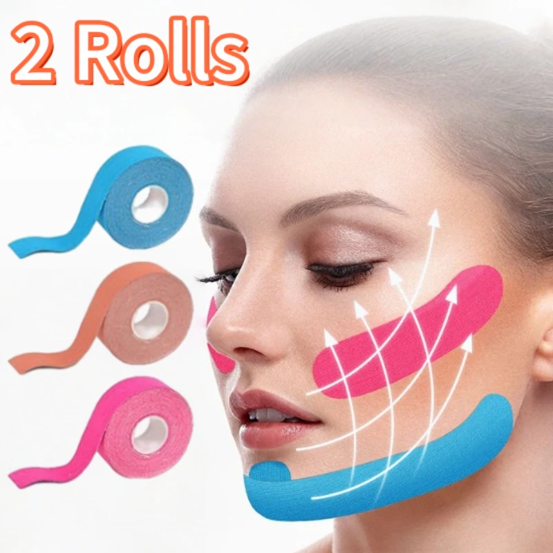 2 ม้วนเทปยกกระชับใบหน้าวีไลน์คอตาลดริ้วรอยบนใบหน้าระบายอากาศได้ดีรองรับผ้าพันแผลยืดหยุ่นใบหน้าเครื่องมือดูแลผิว