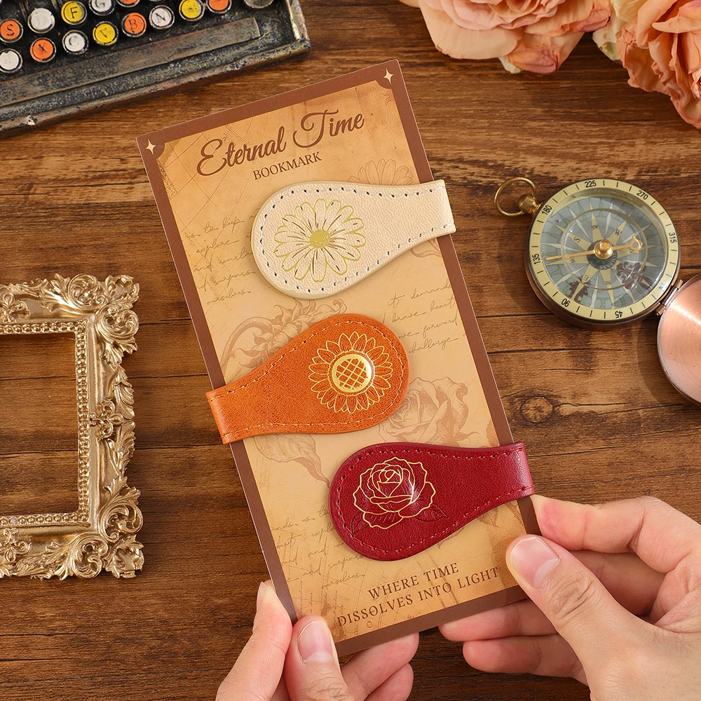 3 Pcs Magnetic Leather Bookmarks Vintage 3-Color Floral Foil Page Clips For Book Lovers Family Colleagues Office Supplies
