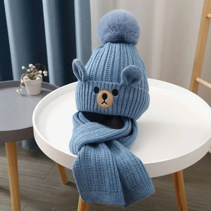 Conjunto de gorro y bufanda cálido para niños, gorro de ganchillo de oso de dibujos animados de estilo europeo para niño pequeño y niña, conjunto de