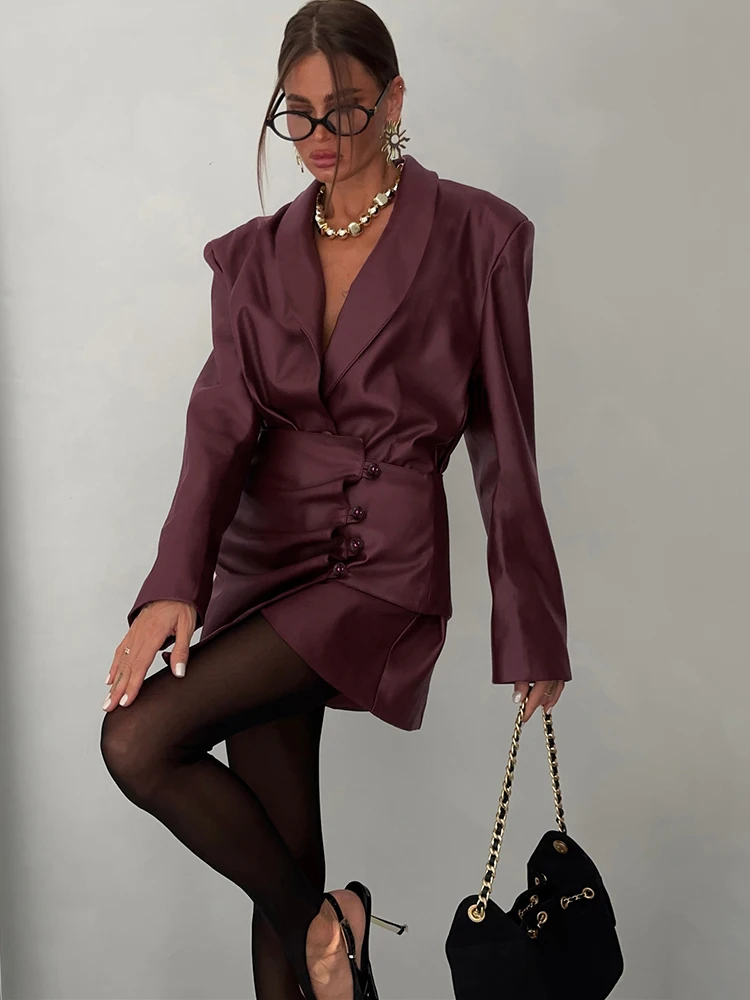 Kliou Set da 2 pezzi in pelle PU Donna con scollo a V Giacca a maniche lunghe con design a bottone singolo + Minigonna irregolare Abito elegante stile ufficio