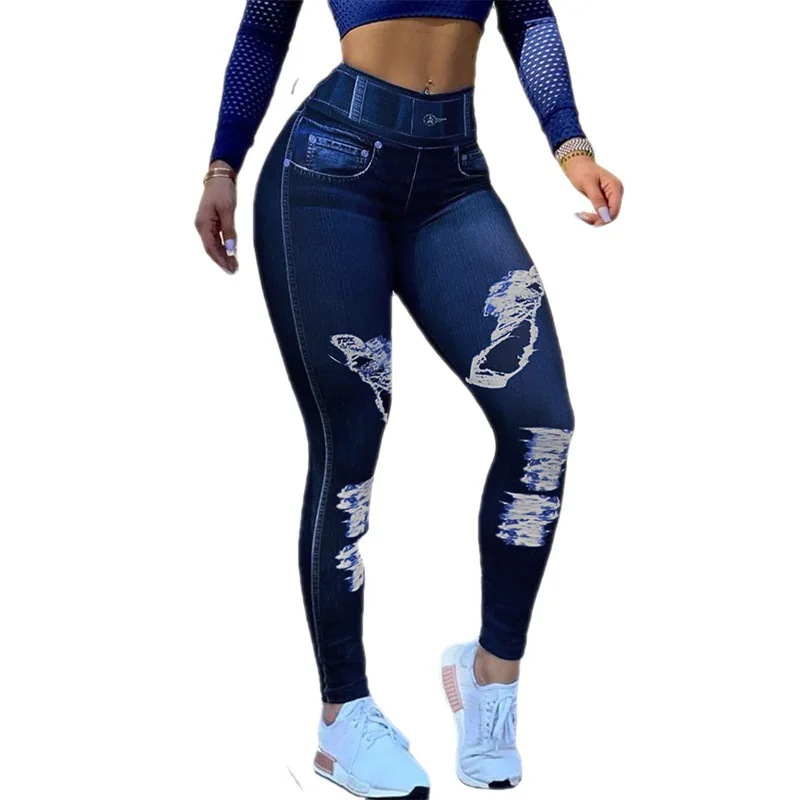 Women\'s Long Pants High Waist High Elastic Imitation Denim Printing Bottom Casual Fashion Fitness Sports Yoga Pants for Women