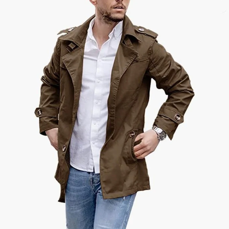 

Весенне-осенний мужской винтажный Тренч средней длины с воротником-стойкой, повседневная рабочая одежда, ветровки, куртки, верхняя одежда