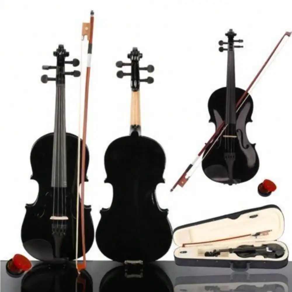 Black 1/2 3/4 4/4 Size Acoustic Violin Fiddle w/Case +Bow +Rosin +Bridge